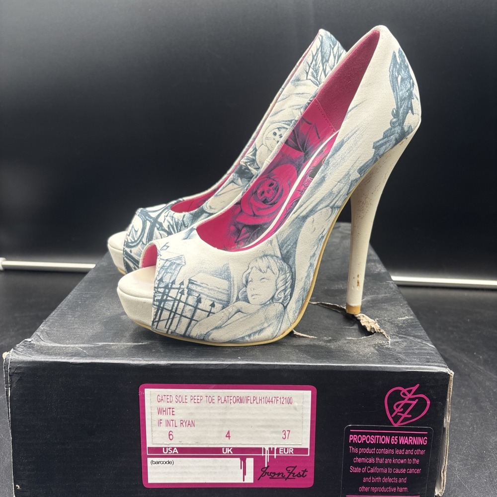 Iron Fist Gated Soul Peep Toe Platform Heel SZ US 6 Women Cream Grey Skull Angel